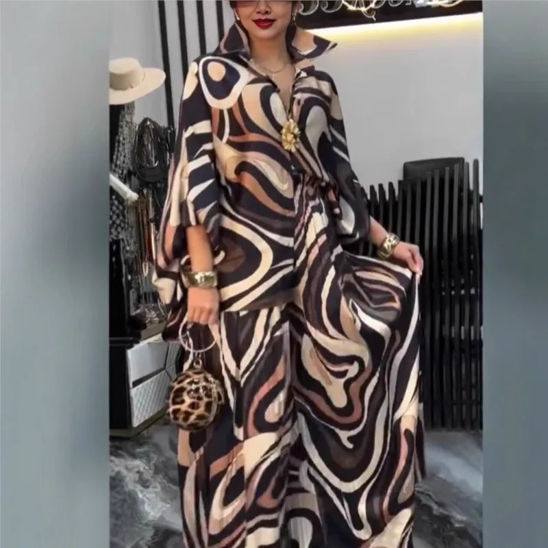 

2025 Autumn And Winter New Fashion Commuting Women's Suit Casual Printed Lapel Long Sleeve Shirt Extra Large Loose Trousers Suit