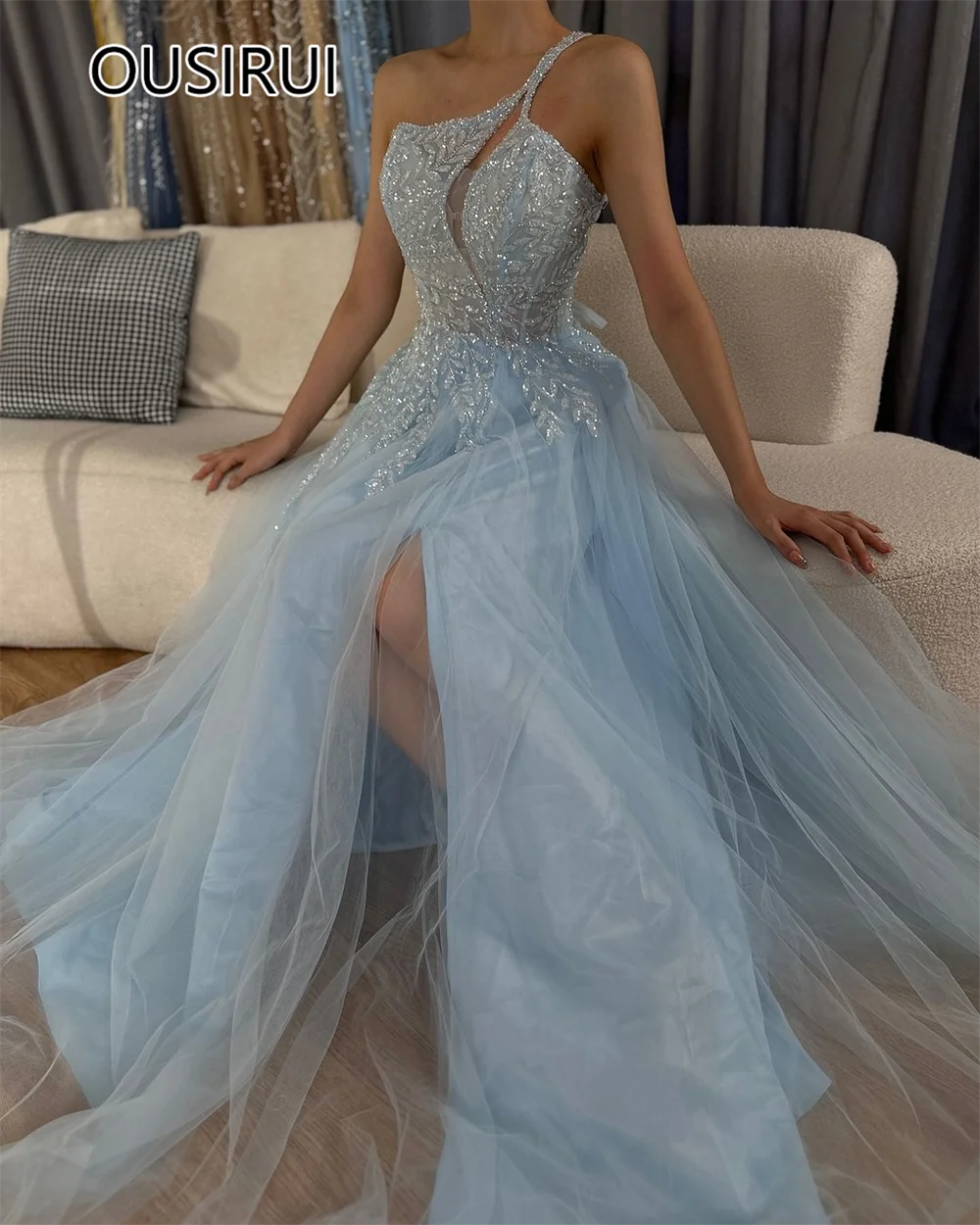 OUSIRUI Dazzling One Shoulder Tulle Prom Party Dress with Sequins Lace A-line Side Slit Long Prom Holiday Gown robe de mariée