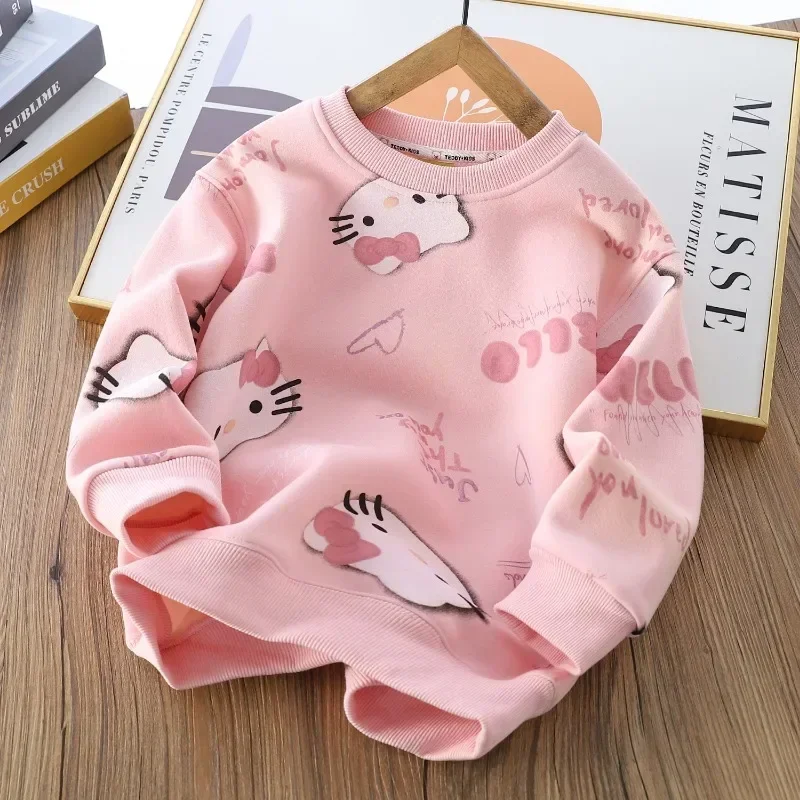 

Winter Kawaii Sanrio Anime Plus Fleece Long Sleeve Hoodie Cute Children Hello Kitty Print Round Neck Shirt Cloth Gifts for Kids