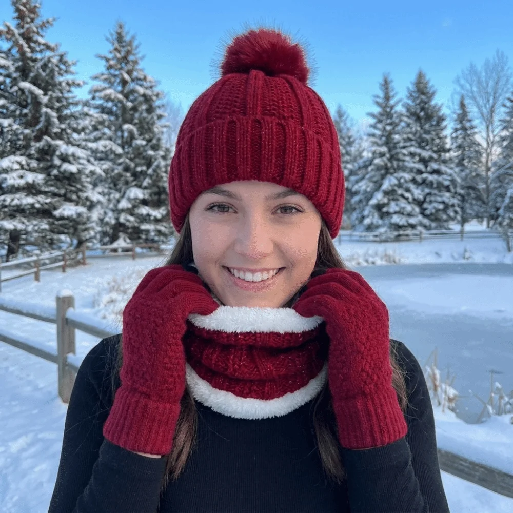 3pcs Fashion Solid Color Hat Scarf Gloves Set Cute Pompom Keep Warm Knitted Hat Thickened with Velvet Beanie Hat Outdoor