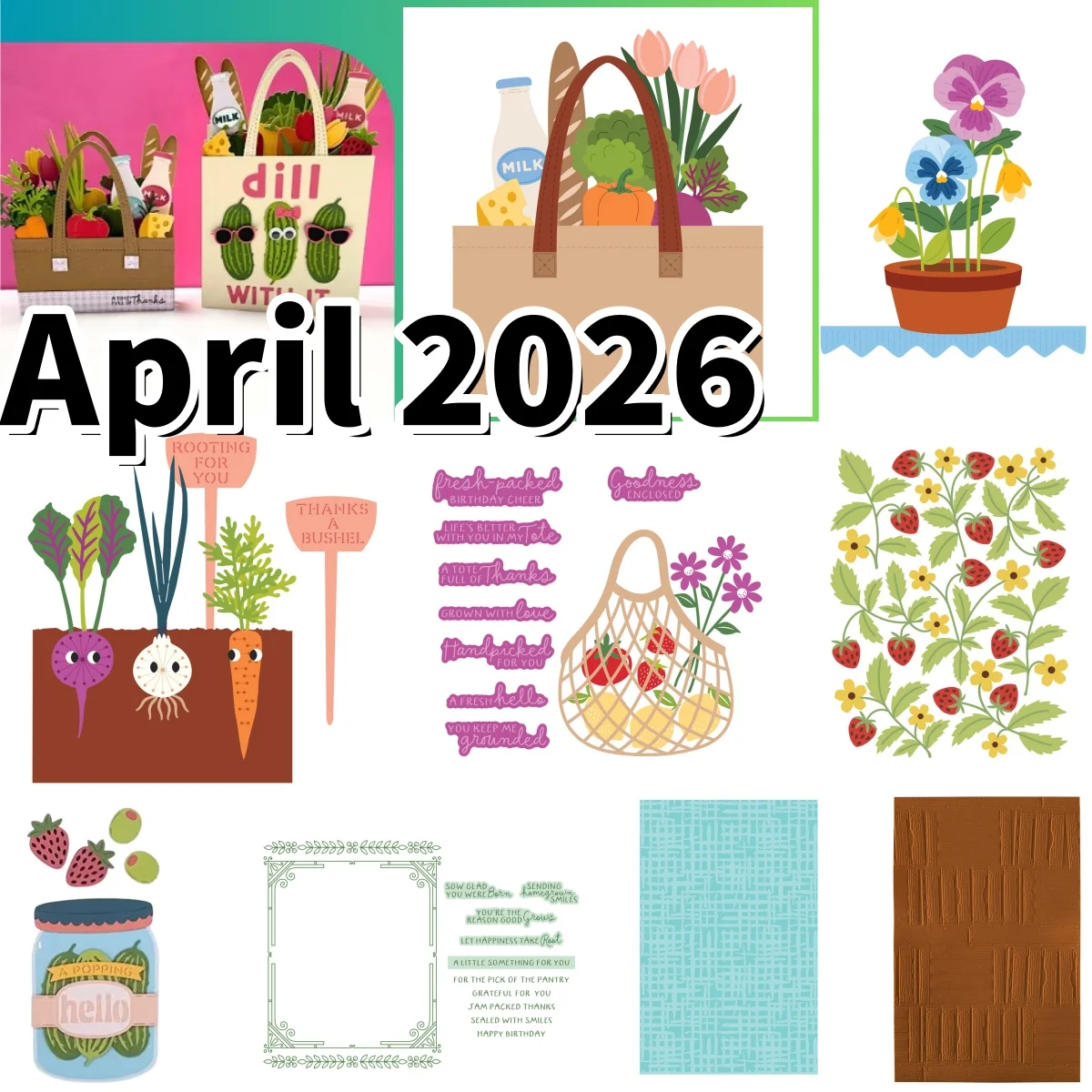 

April 2026 Market Tote Pansy Seed Berries Metal Cutting Dies Clear Stamps Stencil Hot Foil for DIY Making Gift Card Scrapbook
