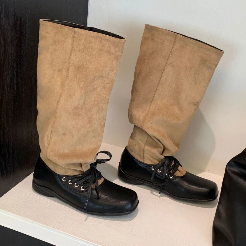 

New Autumn Knee Boots Women Lace Up Square Toe Street Style Women High Knight Boots Fashion Brand Designer Long Boots Female