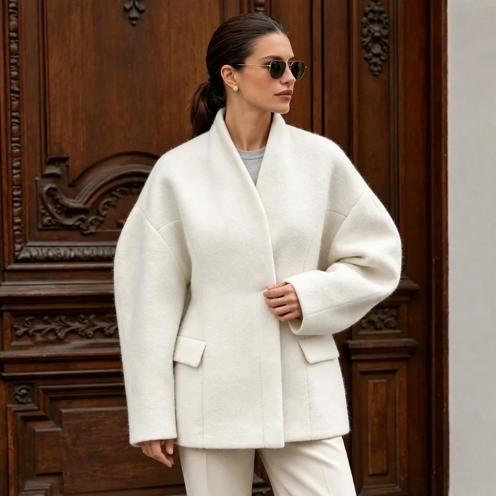 Short Length Women Short Wool Coat Fitted Waist Bubble Sleeve Wrap Neck Overcoat Women Winter Wool Outercoat Casual Gathering