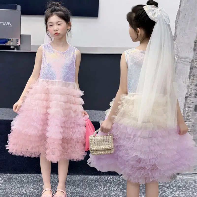 Sleeveless Gradient Cake Dress 2026 Summer New Girls Sweet Princess Dress Fashion Mesh Patchwork Dress