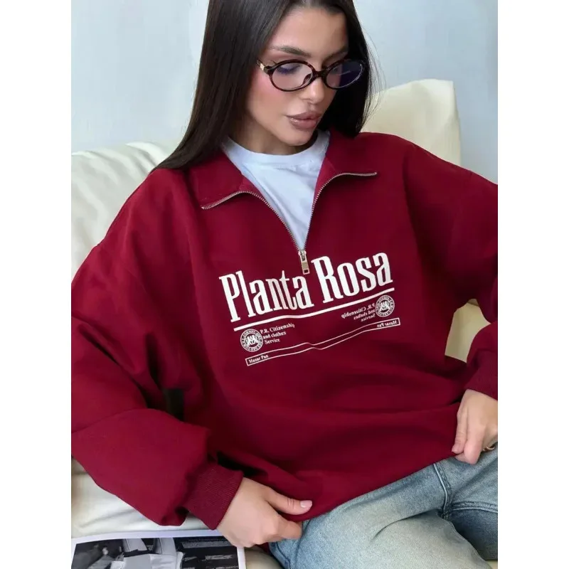 女性ファッションワインレッドセータージップターンダウンカラースウェットシャツレトロプレッピースタイルオーバーサイズ秋大きいサイズレジャー女性トップ