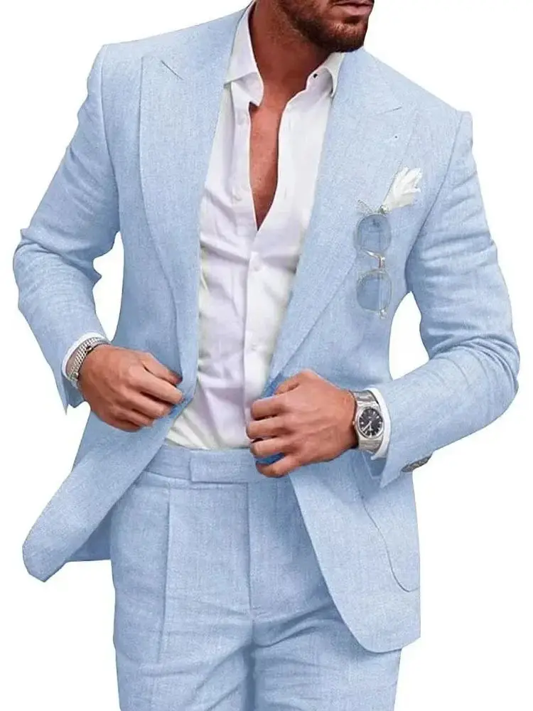 Heren linnen pak voor strandbruiloft Slim Fit 2-delige bruiloft smoking voor mannen Casual linnen pak Prom Party pak - afbeelding 2