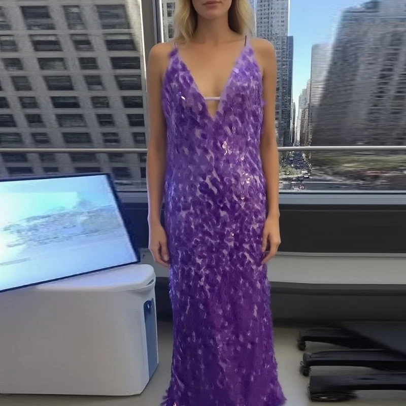 Nuevo vestido largo de lentejuelas brillantes con escote en V profundo y corte bajo, vestido de fiesta de cintura alta sin mangas a la moda, vestidos sexis ajustados multicolores