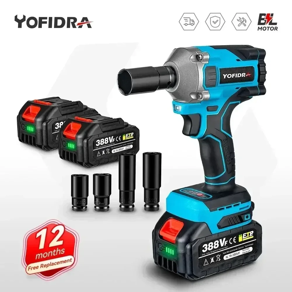 Yofidra 1000N.m 20V Brushless Electric Impact Wrench Cordless Wrench Socket 1/2 Inch Li-ion Battery For Makita 18V Battery