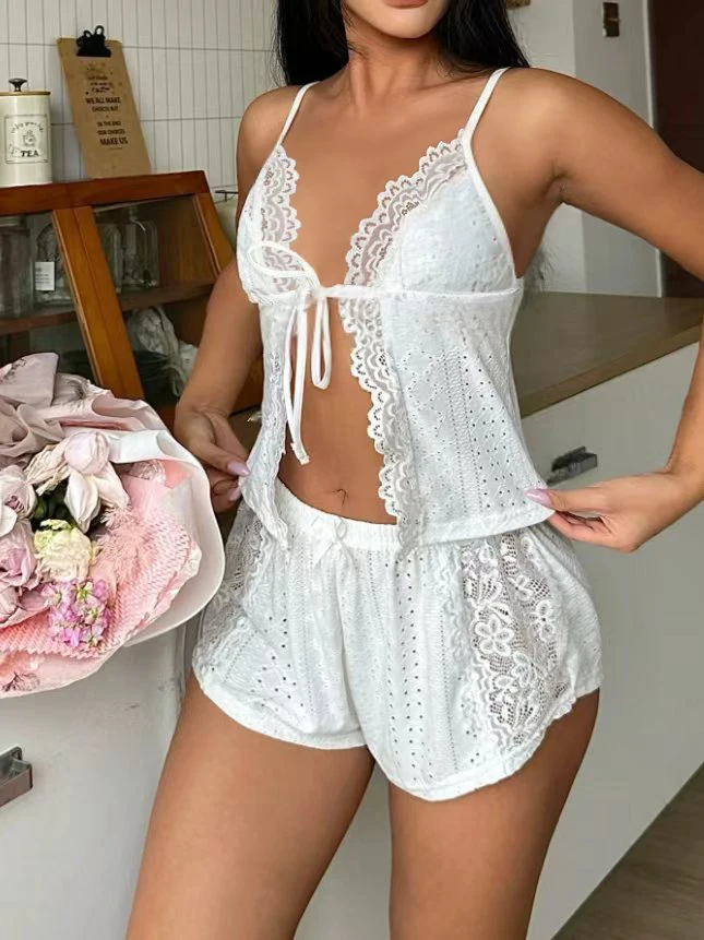 Women's Solid White Eyelet Embroidery Pajama Two-Piece Set, V-Neck Lace Tie Front Open Cami Ruffle Shorts Soft Alluring Plus Siz