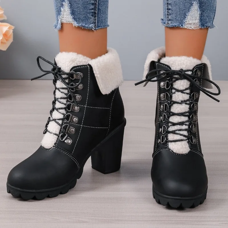 Botas con cordones delanteros para mujer, botines modernos con borde vuelto, talla grande, 2024