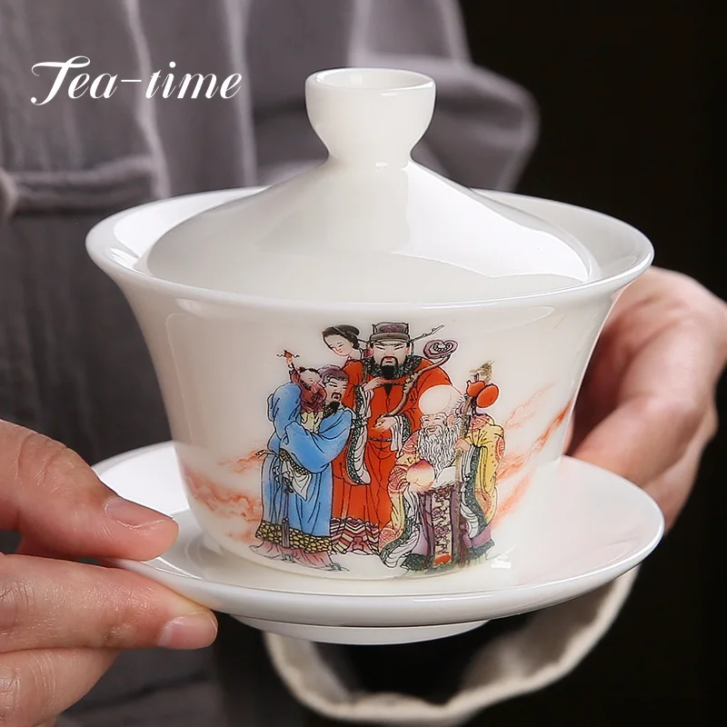 165ml Mutton Fat Jade White Porcelain Tea Tureen Chinese Longevity Peach Cover Bowl Large Tea Maker Gaiwan Kung Fu Teaset Gifts