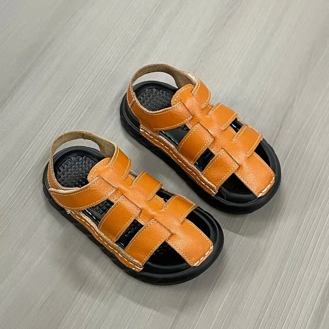 Jinyu Orange Child Sandals Breathable Genuine Leather Stitched Sides Durable Sandals Boy's Beach Shoes Suitable for Summer