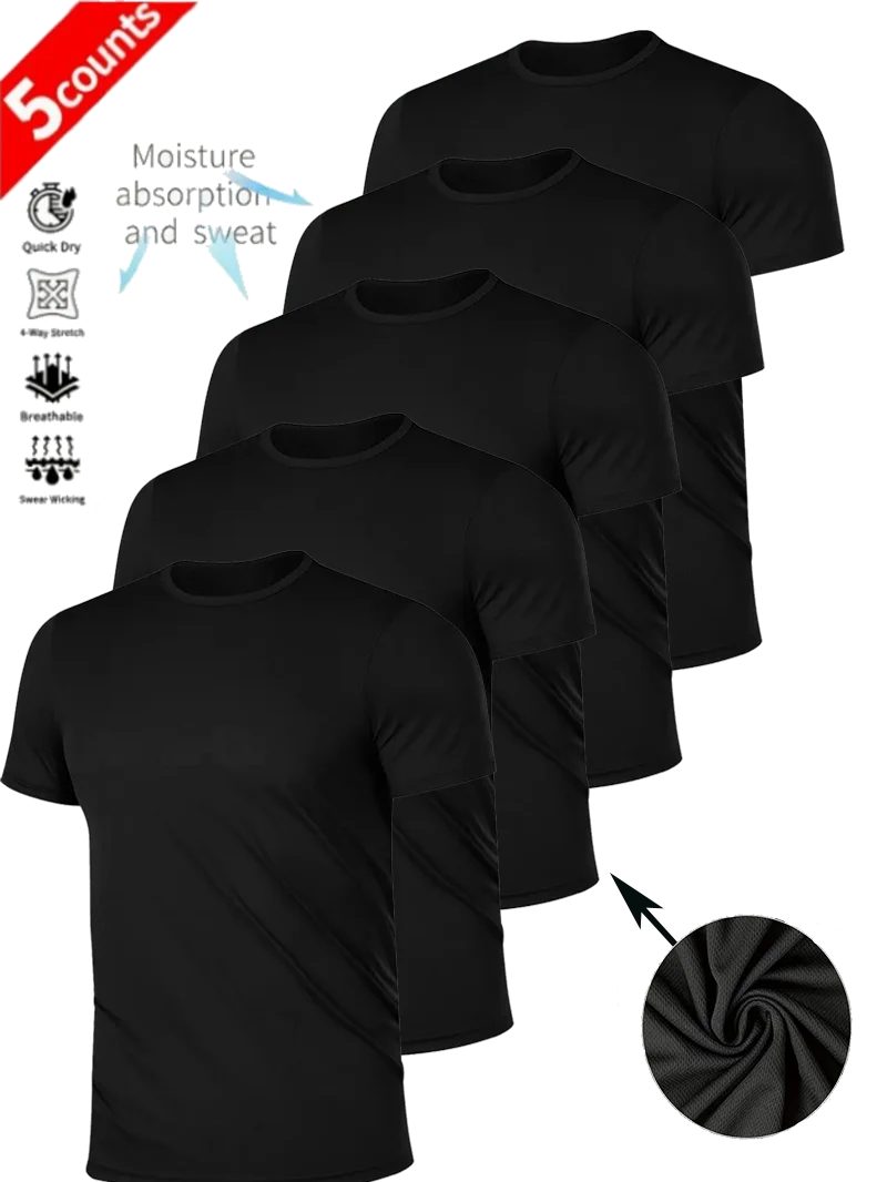 

Men's 5-piece Solid Black T Shirt Mesh Layering and Outerwear Soft Breathable Sports Moisture Wicking Quick Dry Black for Gym