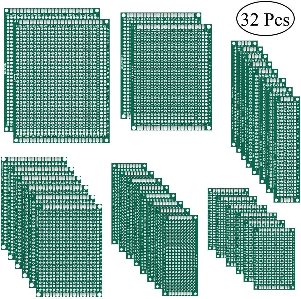 32 Pcs Double Sided PCB Board Prototype Kit 6 Sizes Universal Printed Circuit Protoboard for DIY Soldering Project