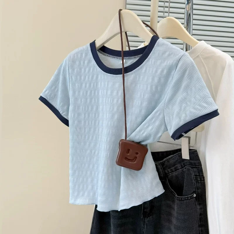 Fashionable Short Sleeve T-Shirt Women's Summer New Style Slimming Short Length Top Shoulder Width Regular Cotton Blend