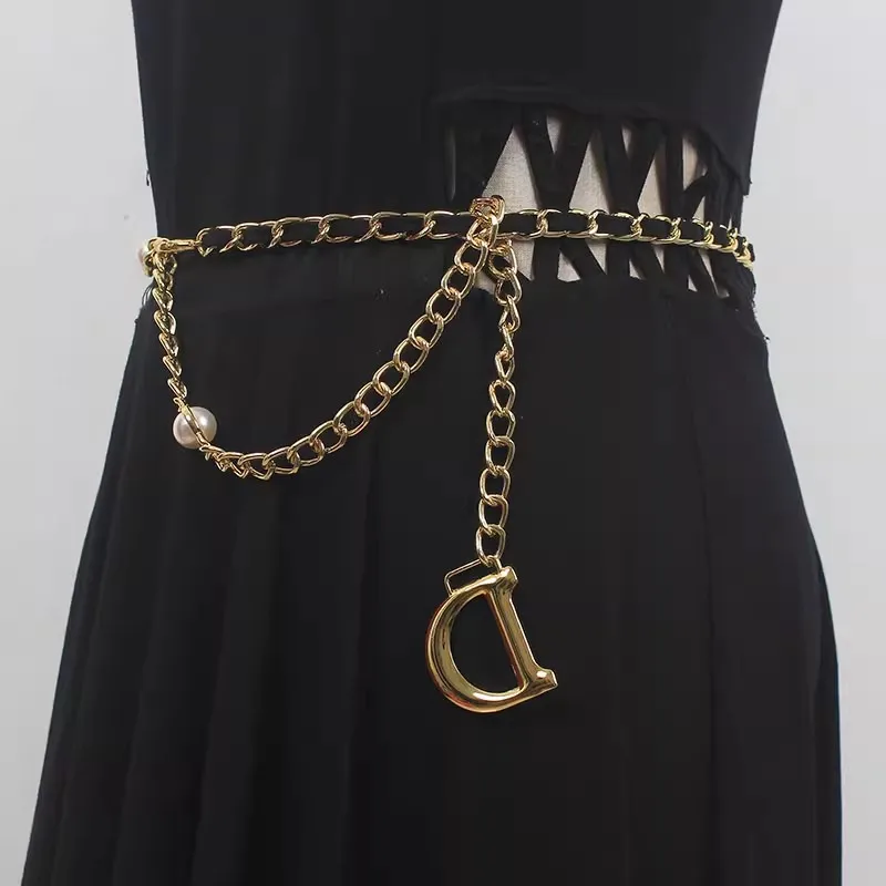 Women's Fashion Letter Gold Metal Chain Corset Female Cummerbund Coat Waistband Dress Decration Narrow Belt  J145