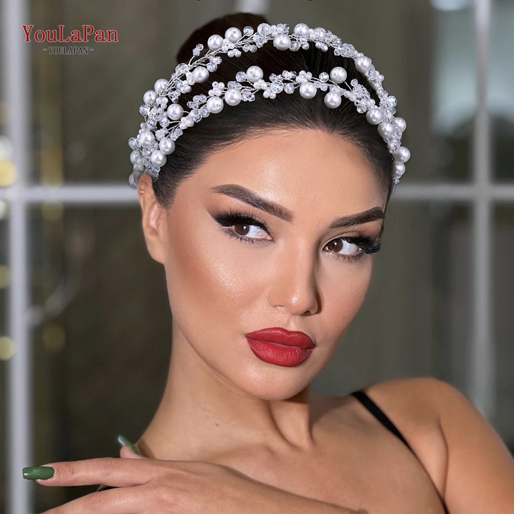 

YouLaPan Bride Pearl Crystal Double Layered Headband Silver Color Wedding Hair Accessories Handmade Banquet Party Headwear HP748