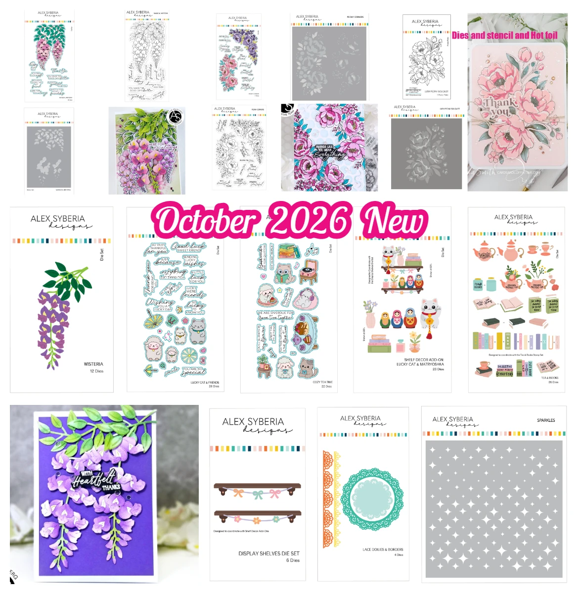 Oktober 2026 Neue Alex Syberia Magische Glyzinien-Schablone Pfingstrosen-Ecken Üppiger Pfingstrosen-Bouquet Stanzformen Kartenherstellung Scrapbooking DIY Papier