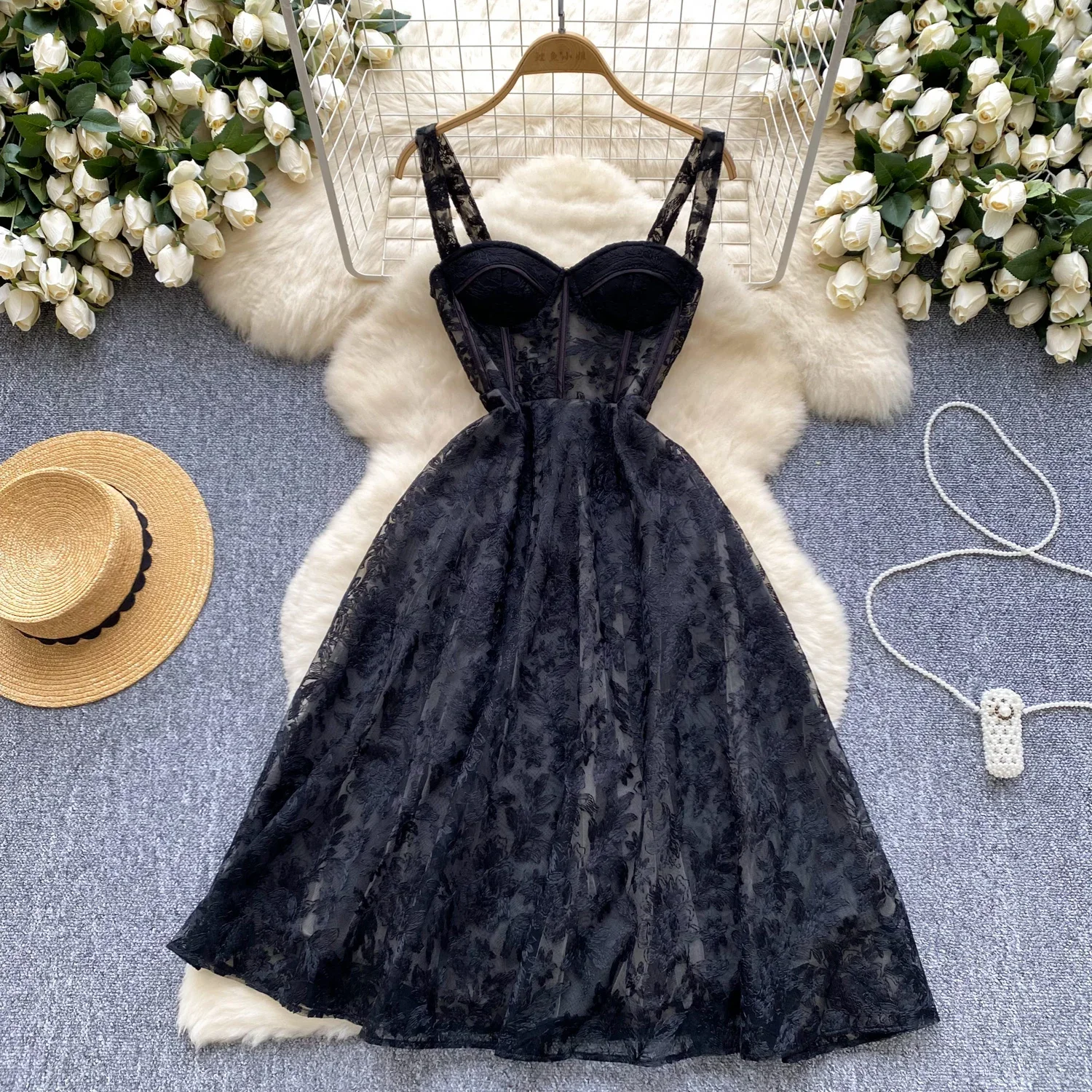 Chic Lace Elegant Embroidered Straps A-line Dress High Street Women Vintage Korean Fashion Slim Evening Party Summer Clothing