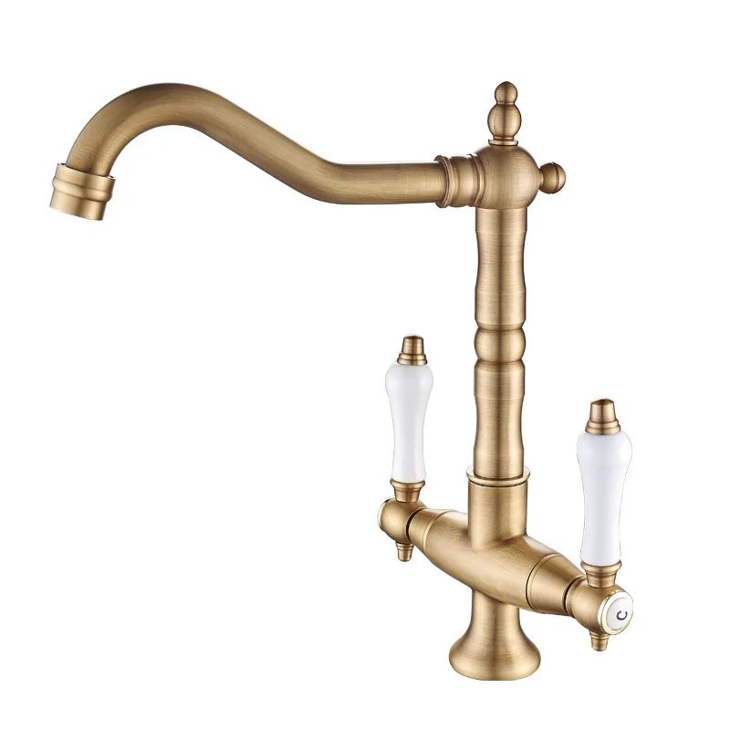 

French retro faucet full copper European gold double handle single hole hot and cold faucet kitchen sink