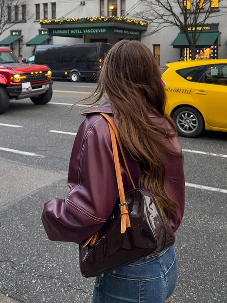 Chaqueta de cuero Pu con solapa para mujer, abrigo informal de manga larga con cremallera, Estilo Vintage, color rojo vino, moda urbana, novedad de