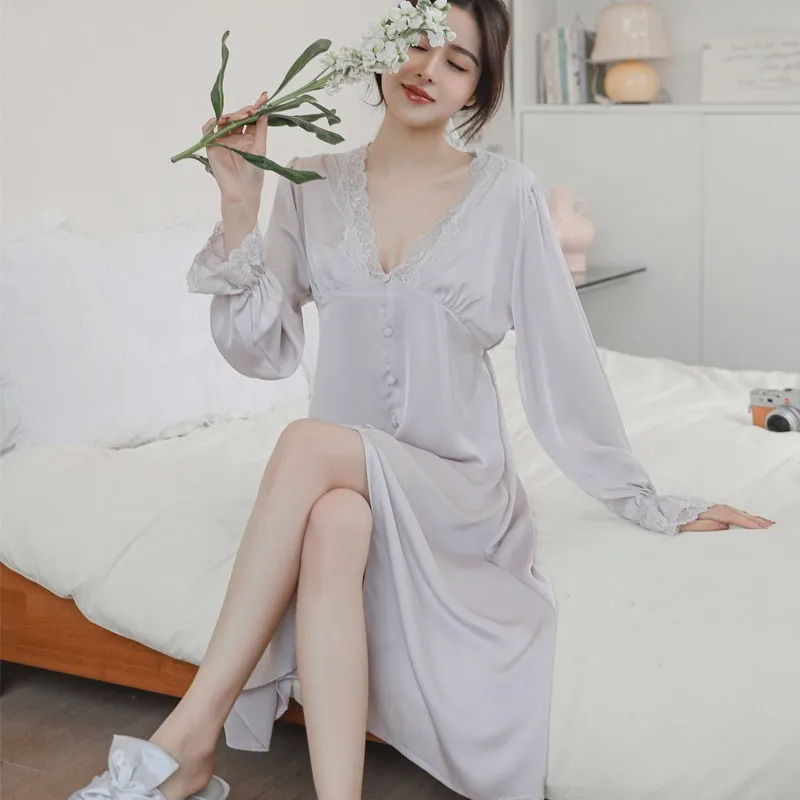 Sexy Lace Trim V-neck Nightgown Bathrobe New Rayon Female Nightdress Sleepshirt Elegant Palace Style Princess Sleepwear Homewear