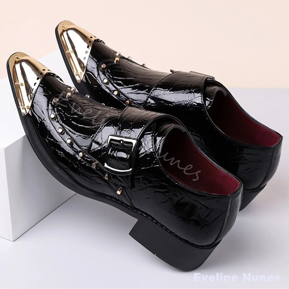Purple Patent Leather Monk Strap Dress Shoes Men Metal Rivet Gold Pointed Toe Slip On Loafers Nightclub Singer Show Formal Dress