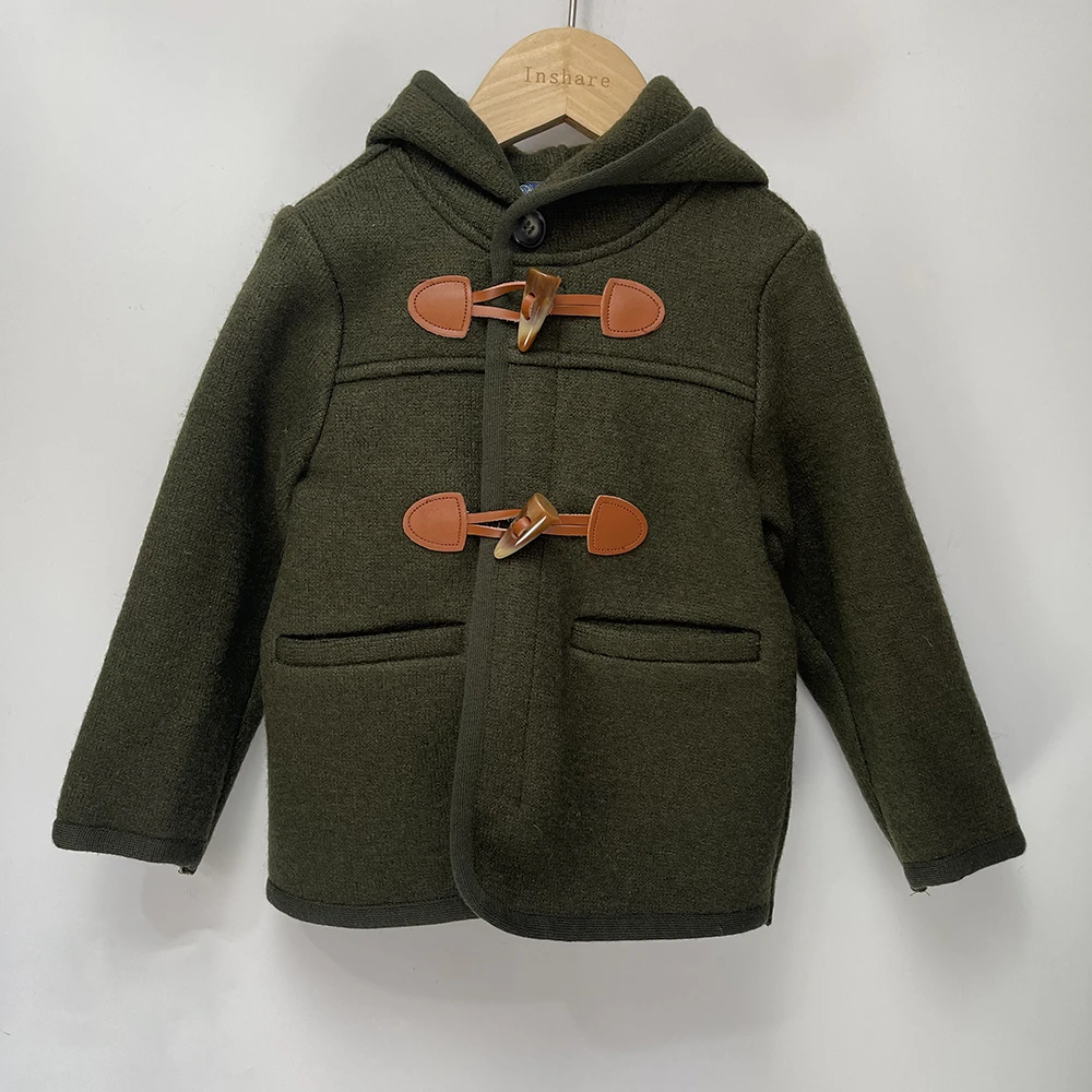 

Boys Coat Woolen Winter Greenish Brown Hooded Jacket With Horn Buttons Warm Christmas Eid Clothing British Royal Style For 2T-8T