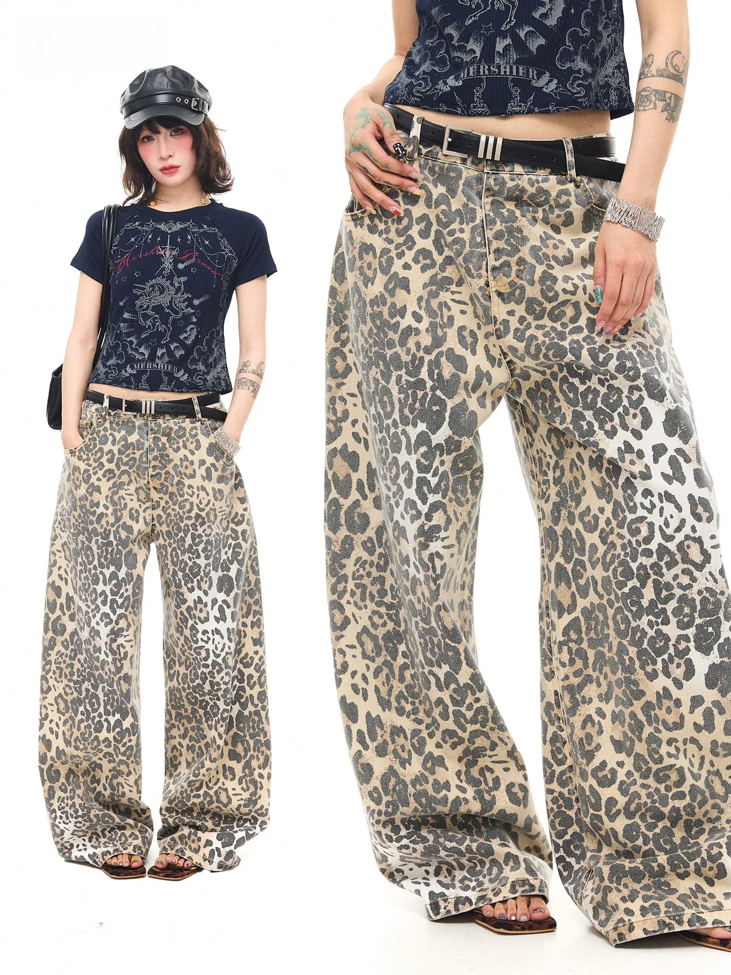 

Sanowers American Style Wide Leg Loose Fit Leopard Print Denim Pants Women's Double Sided Wear Straight Leg Floor Length Trou...