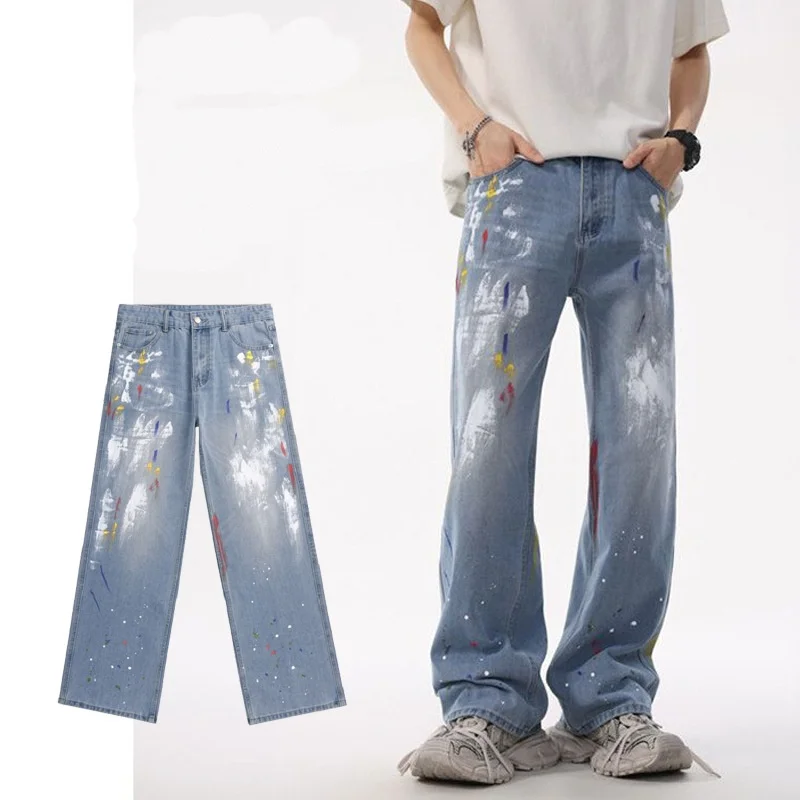 

American Streetwear Paint Splatter Baggy Jeans Unisex Loose Wide Leg Denim Pants Men's and Women's Straight Fit