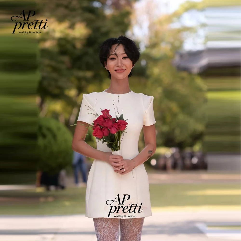 AP pretti Simple Satin Regular Sleeve Korea Wedding Dress Photo Shoot Customized O-Neck Mini-Length Bridal Gowns A-line 웨딩드레스