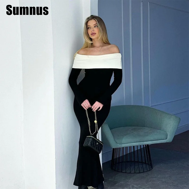 

SUMNUS Black And White Mermaid Prom Dress Elegant Off The Shoulder Party Dresses Floor-Length Formal Gowns Women Customized