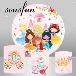 Cartoon Baby Princess Round Backdrop Cover For Girls Newborn Baby Shower 1st Birthday Party Decor Cute Plinth Covers