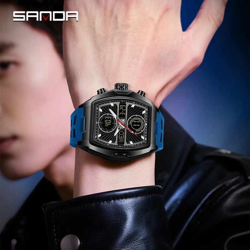 SANDA 6299 электронные кварцевые часы для мужчин, модный Tonneau-образный циферблат, светящиеся водонепроницаемые противоударные спортивные мужские цифровые часы