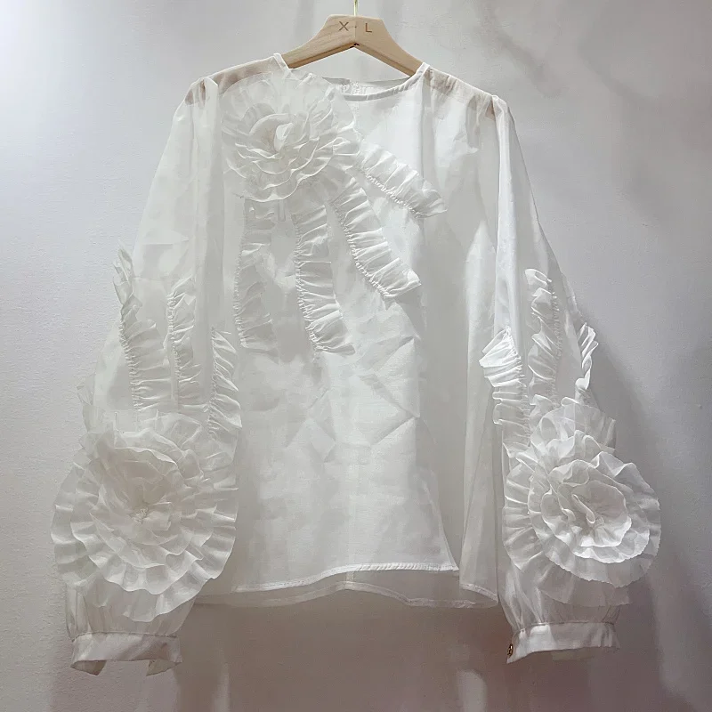 KUSAHIKI Chic Folds Ruffle Flower See Through Long Slevee Blouses Women Fashion Elegant 2023 Spring Summer Korean Blusas Shirt