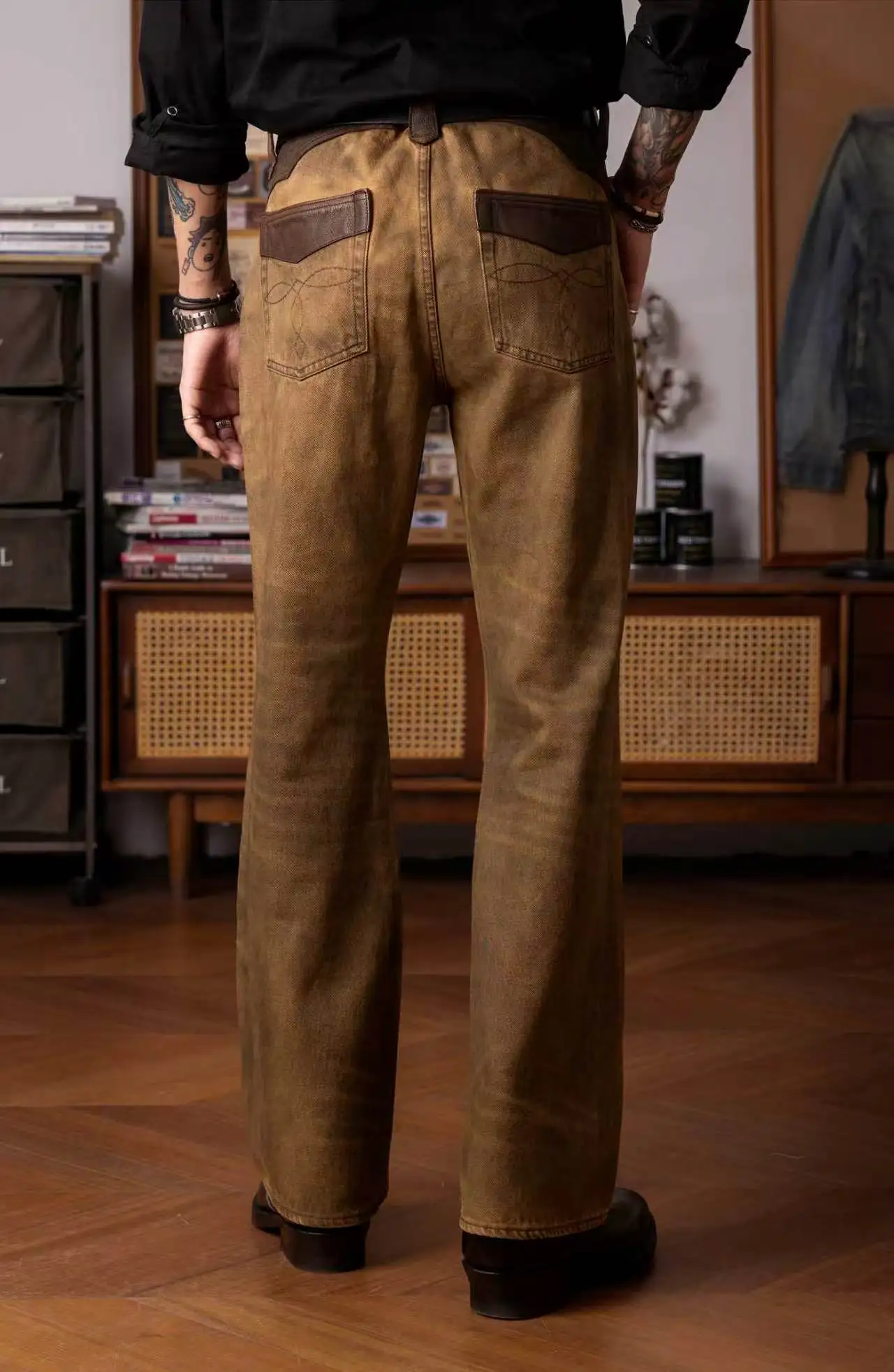 RLBT-0003 Red Tornado Button Fly Loose Fitting Raw Denim Jeans Super Quality Goat Leather Indigo Selvage Washed Pants