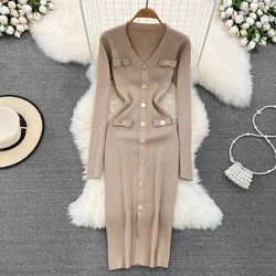 REALEFT Autumn Winter V-Neck Women's Knitted Dresses 2024 New Single Breasted Long Sleeve Solid Front Split Midi Dresses Female