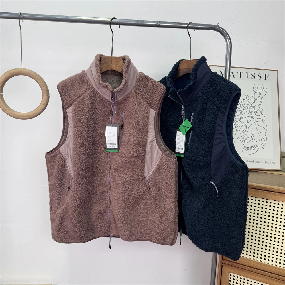 

Couple's Sle Autumn Winter Color Blo Lamb Fur Vest Outdoor Stand Collar Fce Warm Jaet Polyester Fiber Zipper Closure