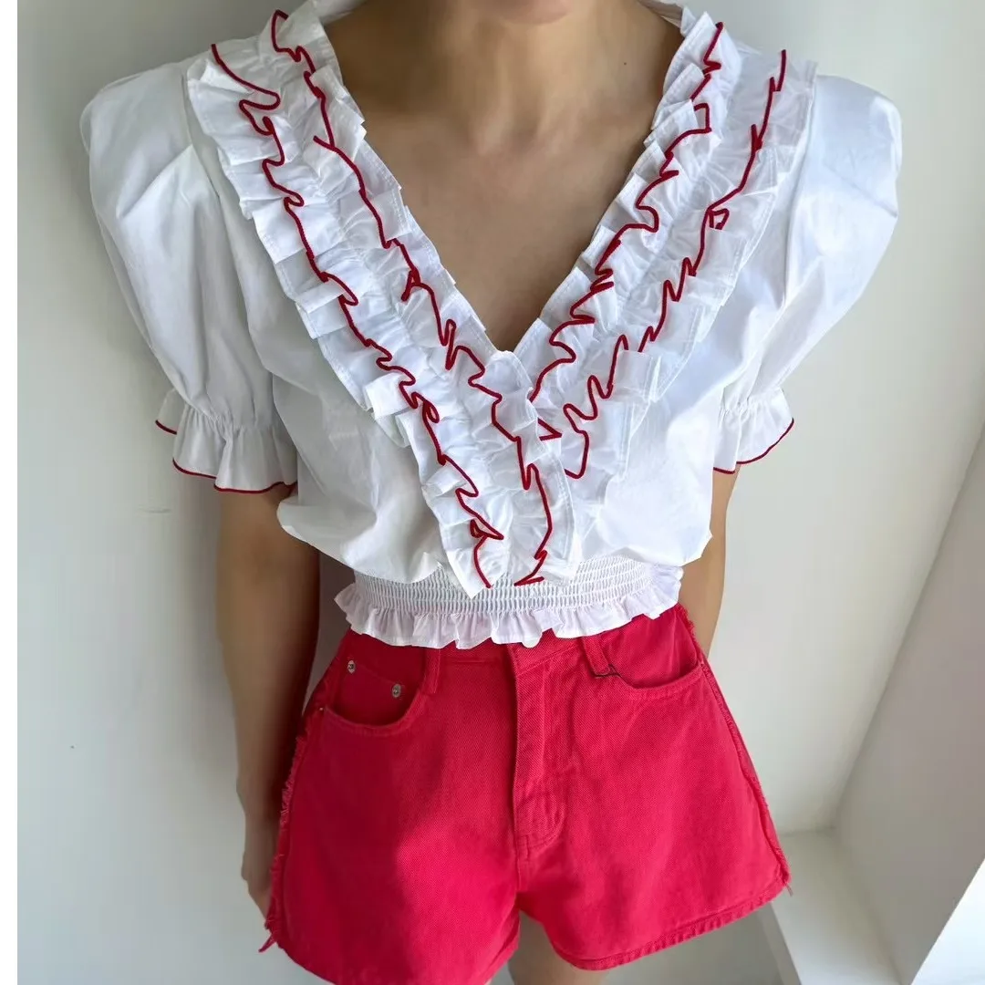Spring Summer 2026 Fashion Casual Style Ruffle Hem V Neck Slim Fit Blouse Korean Style Short Sleeve Breathable Skin Friendly