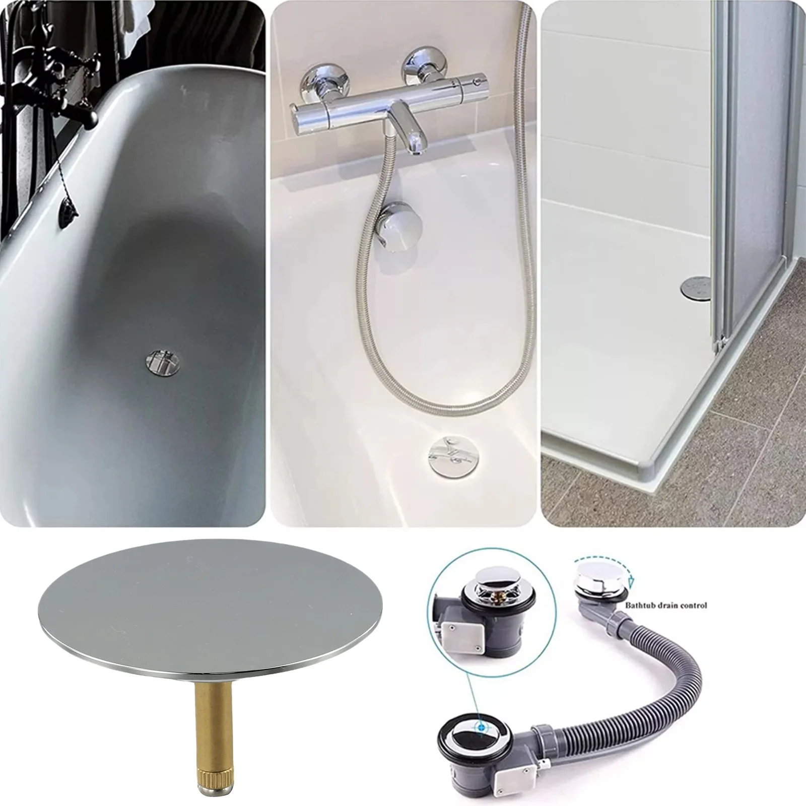 Adjustable Brass Bathtub Stopper 72mm With Double Silicone Seal, Heavy-Duty Chrome Drain Valve For 45-65mm Depth