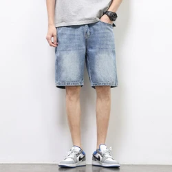 2024 Men Summer Korean Style Fashion Shorts Baggy Straight Denim Vintage Short Casual Loose Short Jeans Male Light Blue