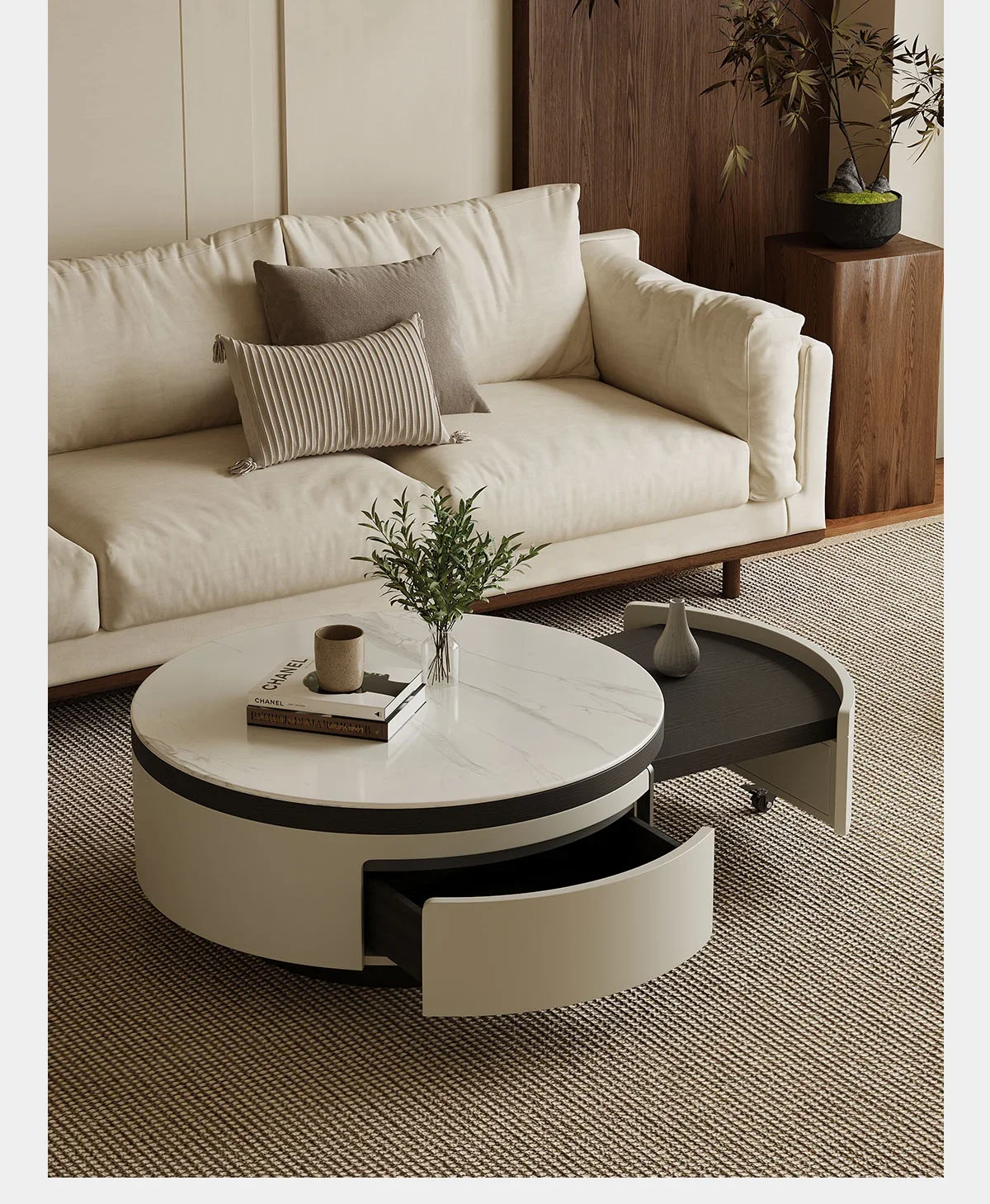 Microcrystalline stone coffee table living room small apartment modern minimalist telescopic round coffee table