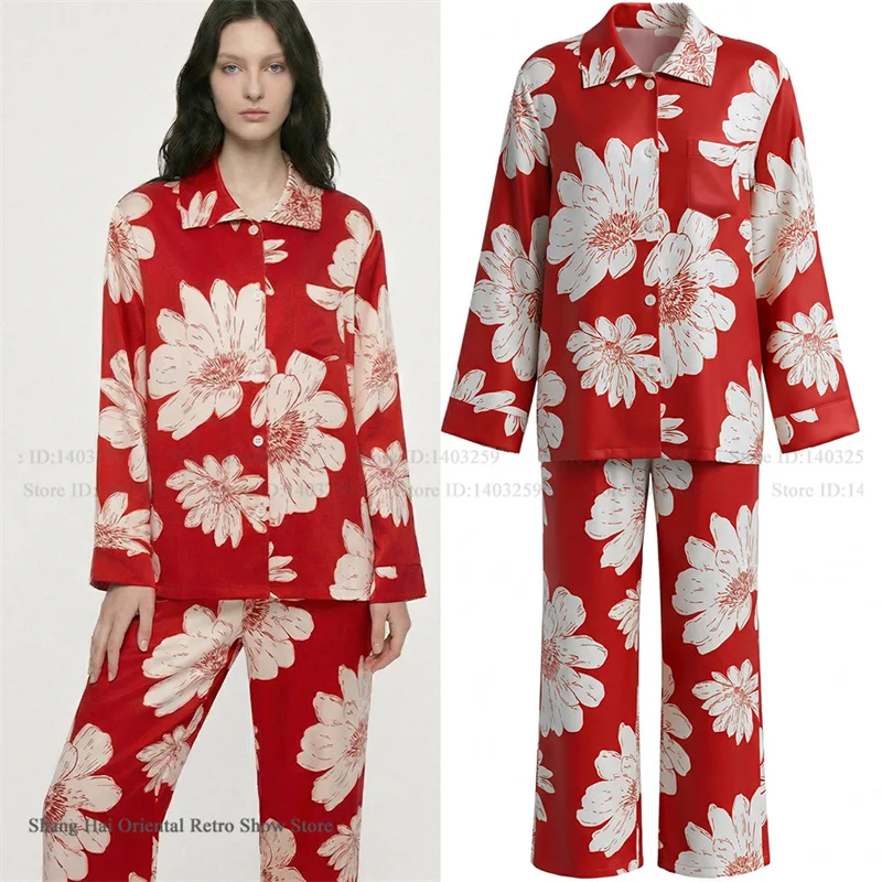 

Print Floral Long Sleeve Pajamas Set Womens Sleepwear Spring Autumn New Trouser Pijamas Suit Loungewear Loose Rayon Homewear
