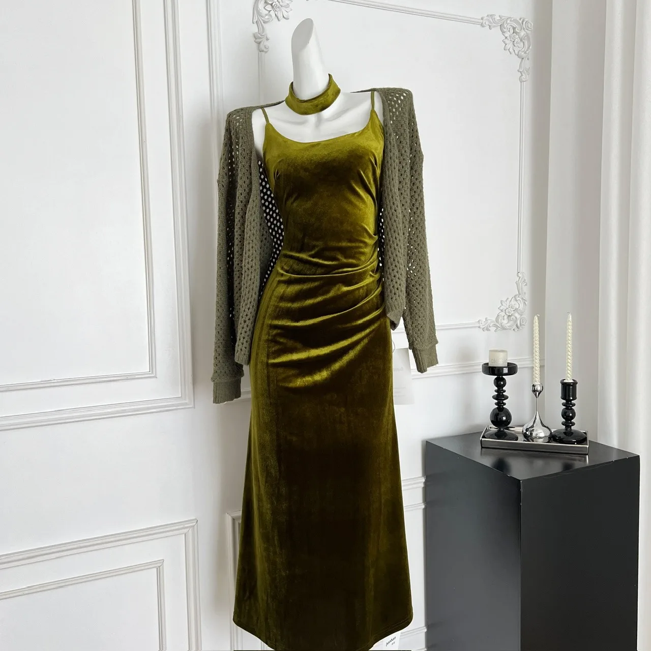 

Ele Бархатный вязаный облегающий кардиган Dr с вырезами, комплект из двух предметов, сексуальное платье на бретельках для женщин, повседневная одежда, полиэфирное волокно