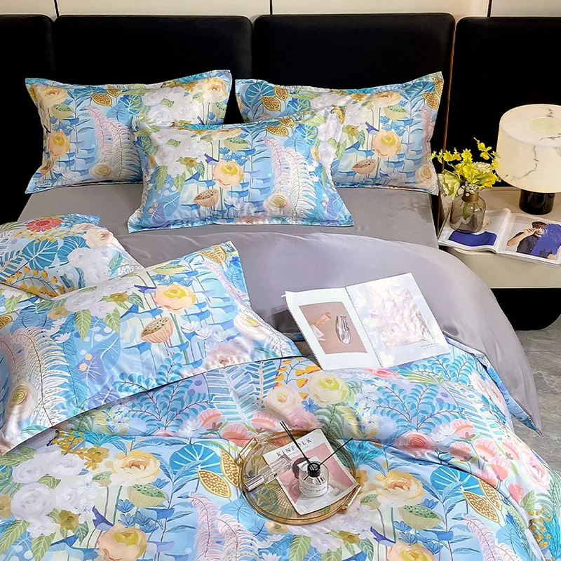 Summer Ice Silk Printed Bedding Sets Washed Duvet Covers Pillowcases and Bed Sheet with Lace Cooling Quilt Set for Single Double