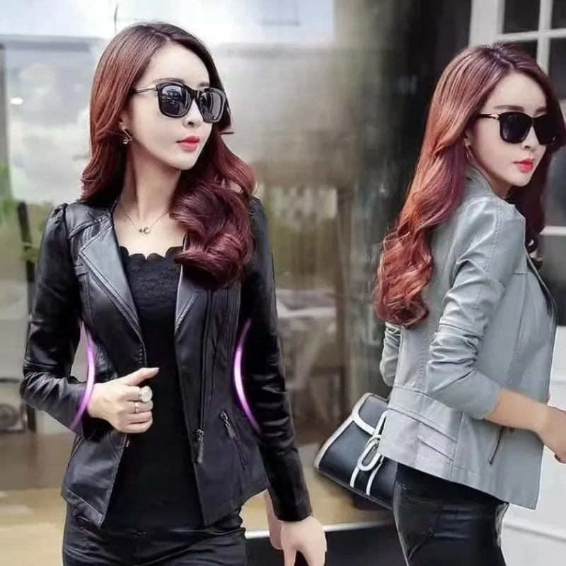 

Spring Autumn Black Leather Jacket Women Fashion Lapels Zip Pockets Jacket Slim Motorcycle Leather Jacket Ladies PU Short Coat
