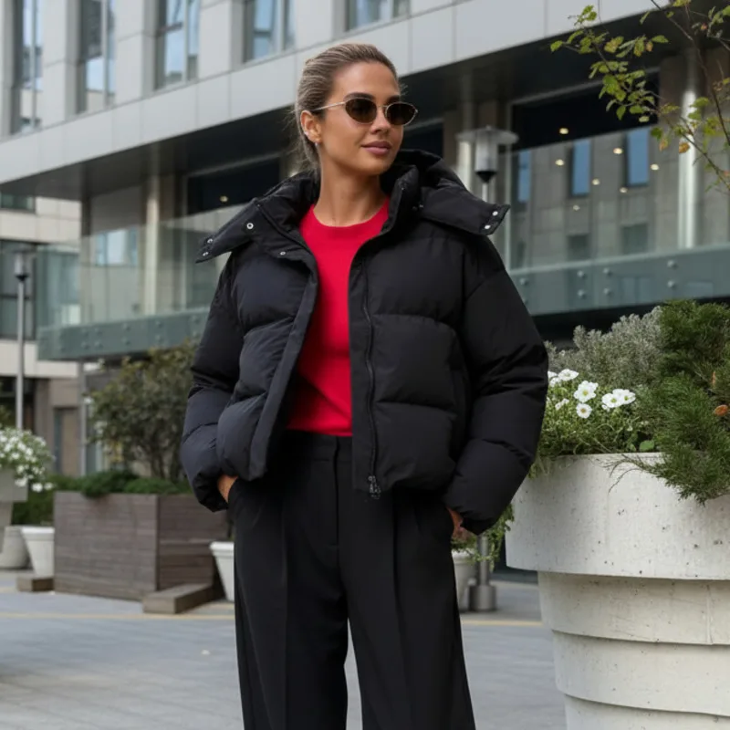 

Элегантная женская зимняя куртка-пуховик, короткое пуховое пальто с капюшоном, толстая теплая верхняя одежда, однотонный повседневный стиль для повседневной уличной одежды