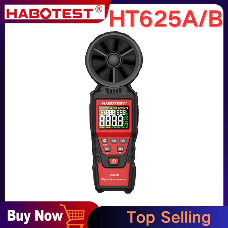 HABOTEST HT625 Anemometer Portable Wind Speed Meter Air Velocity Gauge Windmeter Digital Handheld Anemometer LCD Display