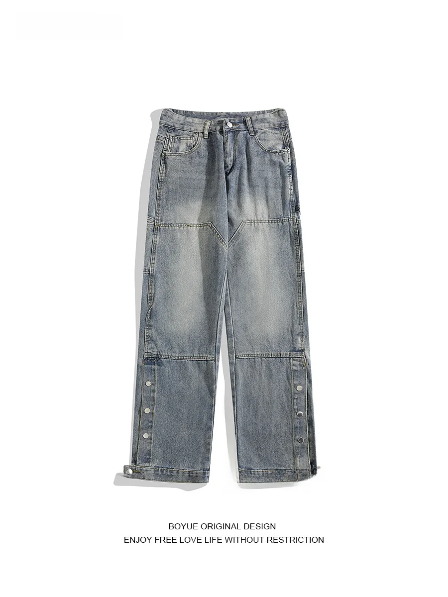 

Мужские джинсы Boyue в американском стиле, прямые, с боковыми пуговицами, повседневные, со средней посадкой, свободного кроя, длинные брюки