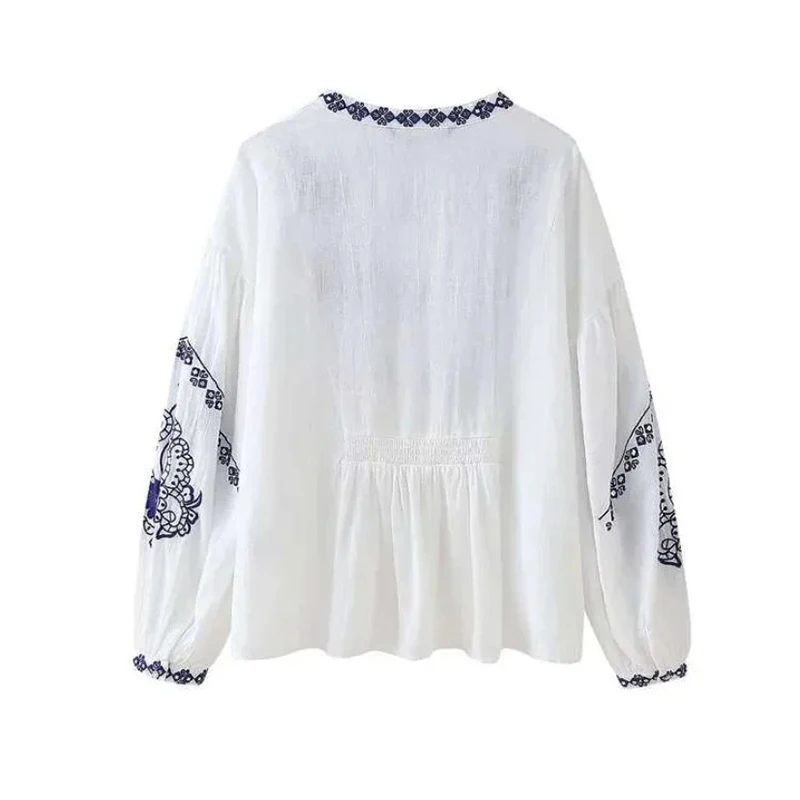Women Embroidery T-shirt V-neck Long Sleeve Thin Shirt Vintage Casual Loose Sweet Chic Beach Short Shirt